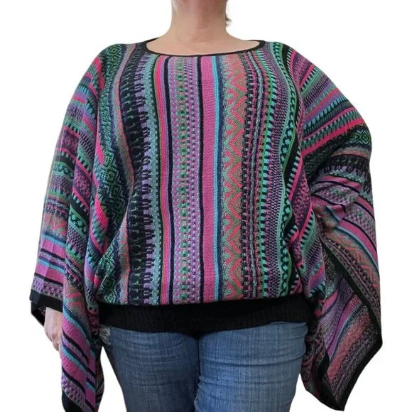 Novica Womens Striped Batwing Poncho Lightweight Sweater Aztec Boho Tribal - Picture 1 of 7